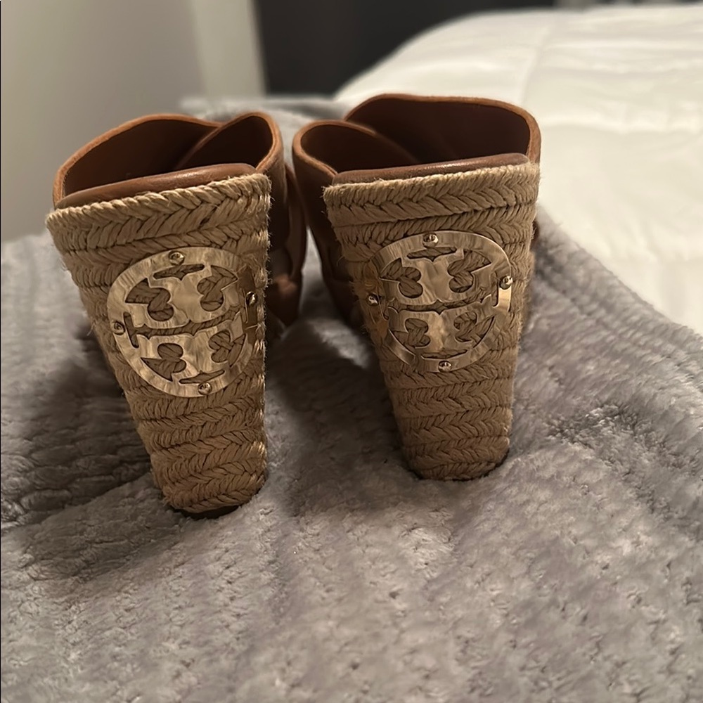 Tory Burch Tan Espadrille Wedge Sandals with Gold Logo